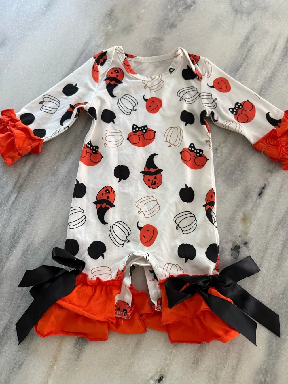 Baby Halloween Pumpkin Ruffle Bow Romper Size 0-3m